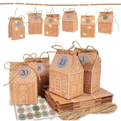 Productafbeelding van Adventskalender met 24 peperkoekhuisjes, inclusief LED-lichtketting om ze mee te versieren