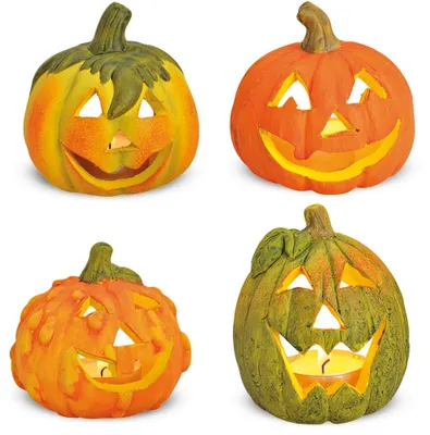 Produktbild von Kleine LED Kürbis-Laternen als 4er Set Halloween-Deko Windlichter