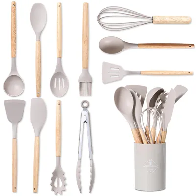 Imagen del producto de Conjunto de utensilios de cocina de silicona, de 12 piezas, resistente al calor, con mango de madera, apto para todas las sartenes