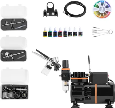 Immagine prodotto di SucceBuy set aerografo 1/6 hp con compressore d'aria, 3 pistole a doppia azione con ugelli (0,3/0,3/0,8 mm), tubo flessibile, colori acrilici e 2 ventole, ideale per la decorazione di torte, modellismo e nail design