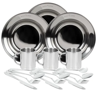 Produktbild von Campinggeschirr Set mit tiefen Edelstahltellern, Thermobechern & Lunch-Besteck für 3 Personen