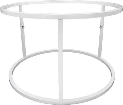 A white metal table base with a circular top and bottom frame, supported by vertical struts.