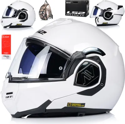 A collage of images showing a white LS2 FF906 Advant modular helmet from different angles, along with its packaging and a small backpack.