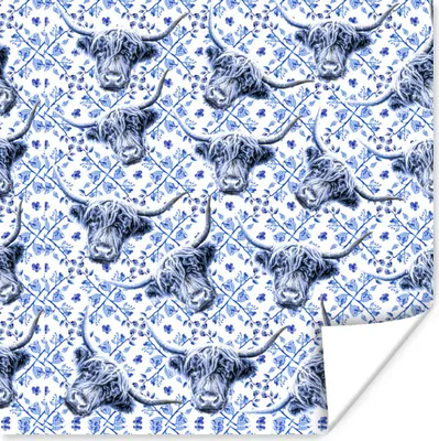 Produktbild von MuchoWow® Poster Schottischer Highlander - Kuh - Delfter Blau 50x50 cm - Wohnzimmerdekoration