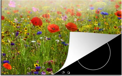 Produktbild von KitchenYeah© Herdabdeckplatte Frühling - Blumen - Rot - Mohn - Gras - Grün , 76x51cm, Küche Deko, Glaskeramikkochfeld Herdabdeckung, Abdeckplatte fùr Kochfeld