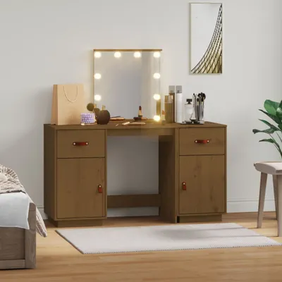 Produktbild von "im Angebot" Schminktisch-Set mit LED Honigbraun Massivholz Kiefer - Schminktische CC3797