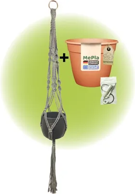 Produktbild von MePla - Set - Ampel Makramee Grau - Boston ø13 Anthrazit + Pflanztopf ø12 + Beipack-Set 21550-001