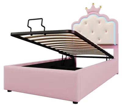 Image de Structure de lit 90x200 cm - Lit pour enfant - Lit avec rangement - Canapé-lit - Éclairage LED - MatériauPolyuréthanerose clair