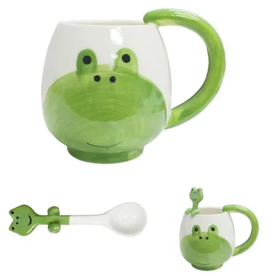 Image de Tasse en céramique avec cuillère, 400 ml, design "Grenouille", idéale pour le thé et le café