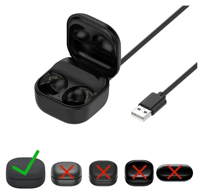 A black charging case for wireless earbuds, shown open with the earbuds inside, connected to a USB charging cable. Below the case are several smaller images of different cases, one with a green checkmark and the others with red crosses, indicating compatib