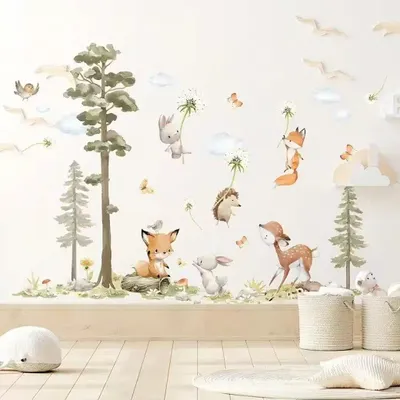 Produktbild von Wandsticker Kinderzimmer Tiere Hase Fuchs Hirsch Baum Selbstklebend Babyzimmer Spielzimmer Wandtattoo Natur Deko