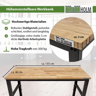 Produktbild von Werkbank höhenverstellbar 135x46x88-97 cm 300 kg Stahlgestell Hartholzplatte Werktisch Arbeitstisch