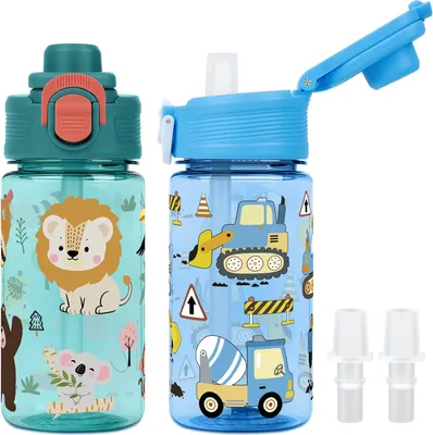 Immagine prodotto di Set di 2 bottiglie per bambini, capacità 380 ml, a prova di perdite con cannuccia, ideali per la scuola e lo sport