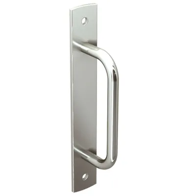 A silver door handle with a mounting plate, shown against a white background.