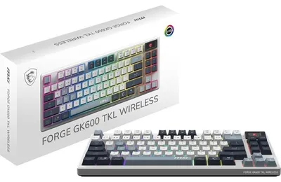 Productafbeelding van MSI FORGE GK600 TKL Draadloos mechanisch gaming-toetsenbord (AZERTY) – Cherry MX Red (lineair), hot-swap toetsen, RGB-verlichting, 1,06-inch display, 2,4 GHz/USB-aansluiting