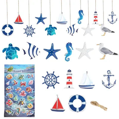 Maritime Holzdeko 24er-Set, Fischernetz, Seestern, Anker, Boot, Leuchtturm, blau
