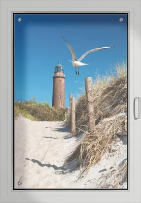 Produktbild von Wallario Lichtschutzbild, Dekorativer Sichtschutz Sonnenschutz 60 x 93 cm mit Motiv: Möwe am Strand mit Leuchtturm - Verdunklung ohne Bohren