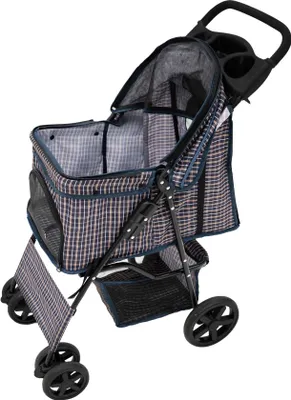 Obrázek produktu pro Přepravka pro domácí mazlíčky, modrý tartanový potah, skládací přepravka na cesty, nosnost 15 kg, 4 kolečka, brzdy, pro kočky a psy, bezpečnostní háček, vodítko, polštářek, síťovaná okna, košík, držák na nápoje, nepromokavá pláštěnka
