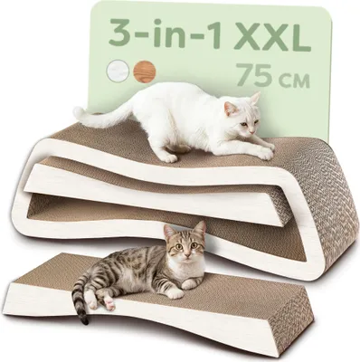 Produktbild von Knupis Kratzmöbel Kratzbrett Katze 3-teilig XXL 75cm – Besonders Kratzfeste Kratzpappe zur Krallenpflege – Bis zu 2 Jahre Kratzspaß – Platzsparend – Schutz für Sofa und Möbel (Mountain) (Weiß)