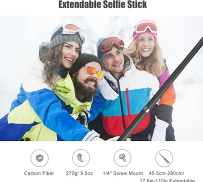 Obrázok produktu pre Prenosná selfie tyč, stojan z uhlíkových vlákien, držiak na fotoaparát, 1/4" skrutka, 45,5 cm-300 cm/17,9 palca-118 palcov, nastaviteľná dĺžka, kompatibilný s Insta360 X2/X3