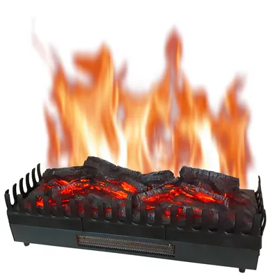 An electric fireplace log set with glowing embers and artificial flames.