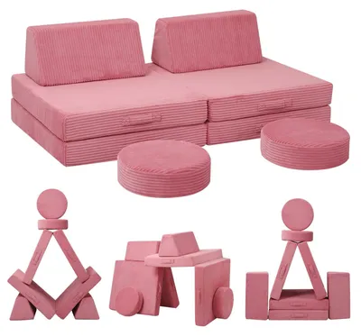 Modulare Spielbank aus Cord, 8-teilig, Schaumstoff, rosa