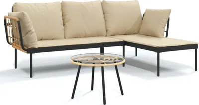 A sectional outdoor sofa and a small coffee table are shown against a white background.