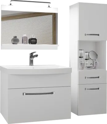 Produktbild von BELINI Badmöbel Vollausstattung Set Waschbeckenschrank, Hochschrank, Waschbecken, Spiegel, Lampe (Weiß, Matt)