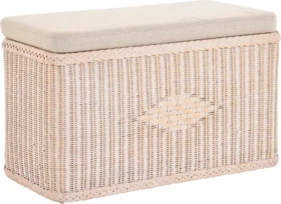 Produktbild von KRINES HOME Sitztruhe aus Rattan / Truhenbank / Wäschetruhe mit gepolsterten Sitz / in der Farbe Vintage Weiss