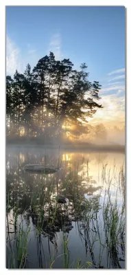 Produktbild von Wallario selbstklebende Türtapete 93 x 205 cm - Stiller See mit Insel im Morgennebel - Abwischbar, rückstandsfrei zu entfernen