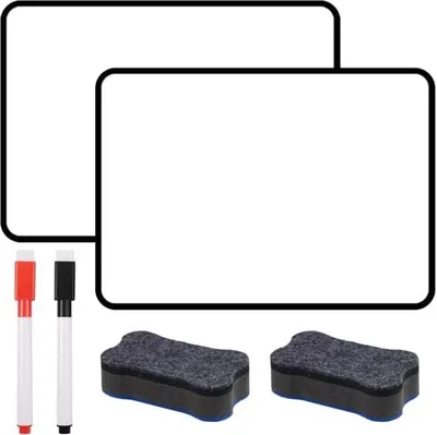 Image de Pack 2 Mini tableau blanc 30 x 21 cm, plaque magnétique, petit tableau blanc double face, A4, caoutchoucs pour tableau d'essuyage, cadre noir, portable à la maison,