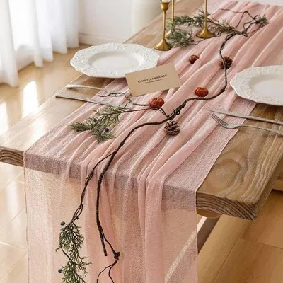 Obrázok produktu pre Rustikálny bavlnený obrus, ružový, 90 x 300 cm, na opakované použitie