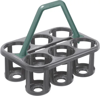 A six-bottle carrier with a green handle, shown from a slightly elevated angle against a white background.
