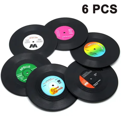 Produktbild von Getränkeuntersetzer-Set, 6er-Set, Retro-Untersetzer aus Vinyl-Schallplatten für Getränke – Schreibtischschutz verhindert Möbelschäden