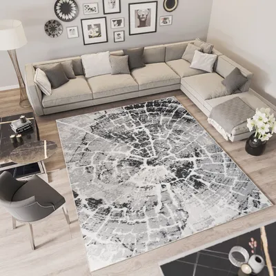 Produktbild von Teppich Kurzflor Modern Design Schlafzimmer Wohnzimmer Vintage Meliert Grau Creme 200 x 300 cm