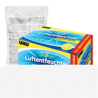 A product box and a bag of refills for an air dehumidifier.