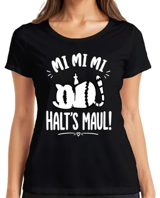 Productafbeelding van "Mi Mi Mi, Hou Je Mond, Kat, Middelvinger, Grappige Opmerking, Sarkasme, Dames T-shirt, Zwart, Maat L."