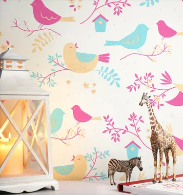 Produktbild von NEWROOM Tapete Blau  Vogel - Kinderzimmer Kinder Creme Orange Äste Vogelhaus Babytapete  Babyzimmer