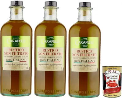 Produktbild von Carapelli, olio extra vergine di oliva Rustico Non Filtrato, 100% Italiano, 100% italienisch Rustikal Native Olivenöl. 3x 1lt + Italian Gourmet polpa 400g