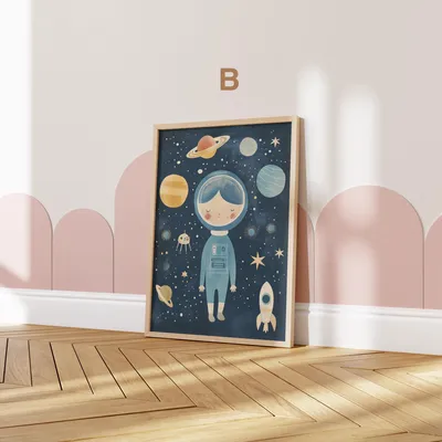 Produktbild von Astronaut Poster Kinderzimmer · Geschenkidee für Kinder · Kinderzimmer Deko · Weltraum Rakete & Planeten · Deko Print ohne Rahmen · Motiv B · 15 × 20 cm