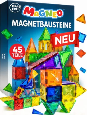 Produktbild von Magnetische Bausteine 45-teilig – Magnetbausteine für Kinder ab 3 Jahren – Pädagogisches Magnetspielzeug mit starken Magneten – Kreatives 2D & 3D Konstruktionsspielzeug – Für Jungen & Mädchen