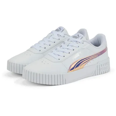 A pair of white Puma Carina 2.0 sneakers with holographic stripes on a white background.