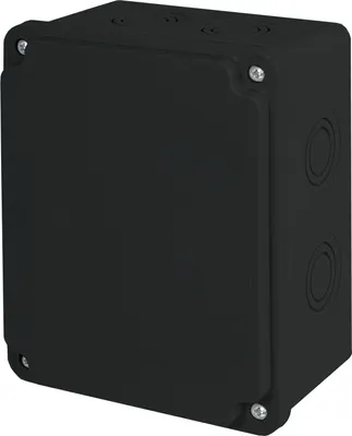 A black electrical junction box shown from a three-quarter angle.