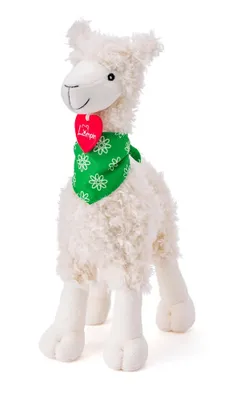 A plush toy llama standing on a white background.