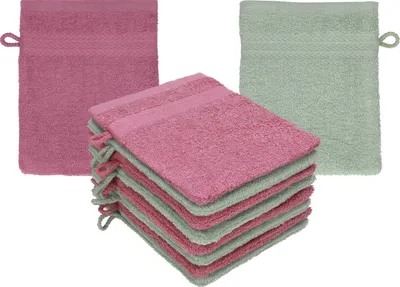 Produktbild von Betz 10 Stück Waschhandschuhe 16x21 cm PREMIUM 100% Baumwolle  Farbe: beere - heugrün