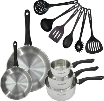 Image de Set 2 poêles 20 et 28 cm 3 casseroles 12 16 et 20 cm en inox et 6 ustensiles Fackelmann Geneva