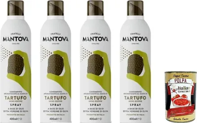 Produktbild von Fratelli Mantova Schwarzer Trüffel Olivenöl Spray, Extra Vergine, 200 ml, 4er Pack, Hergestellt in Italien, + Itlaian Gourmet polpa 400g