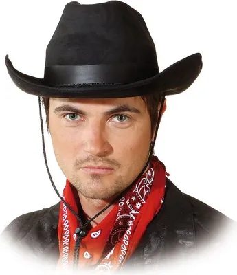 Produktbild von schwarzer Cowboyhut aus 100% Polyester Kopfweite 59/60 mit Hutband und Kordel