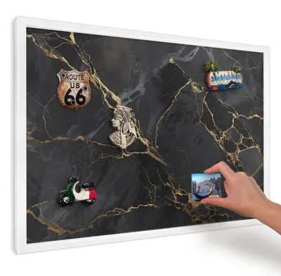 Produktbild von Magnettafel 60x40 cm mit weißem Rahmen - Magnetische Metalltafel, Magnetpinnwand zur Wandmontage für Wohnzimmer, Küche, Flur, Kinderzimmer und Büro - Schwarzer Marmor