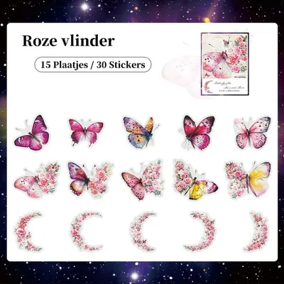 Productafbeelding van 30 rozenstickers met vlindermotieven – set van 15 verschillende designs voor scrapbooking en planners